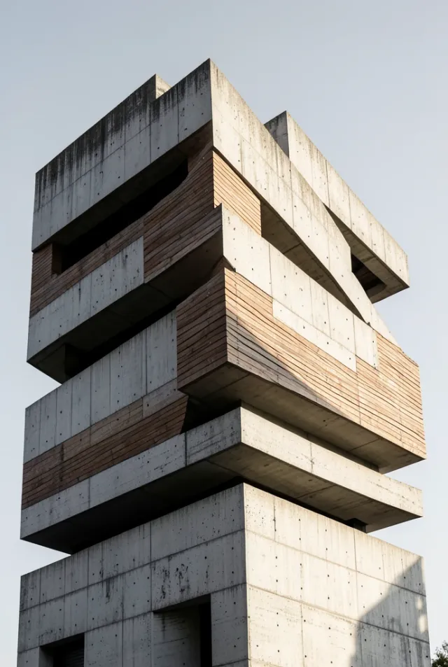 Brutalist concrete building with board-marked surfaces, recessed window voids and hard shadow