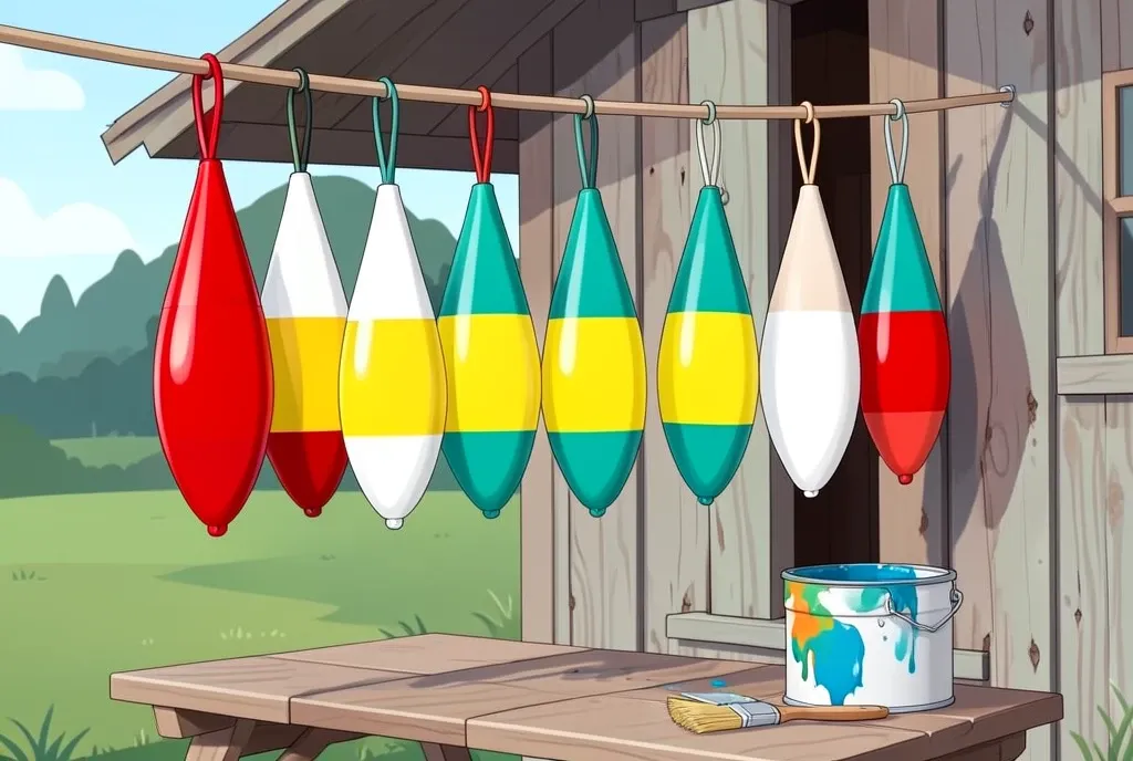 A row of freshly painted striped buoys hanging to dry outside a boathouse.
