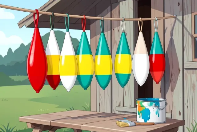 A row of freshly painted striped buoys hanging to dry outside a boathouse.