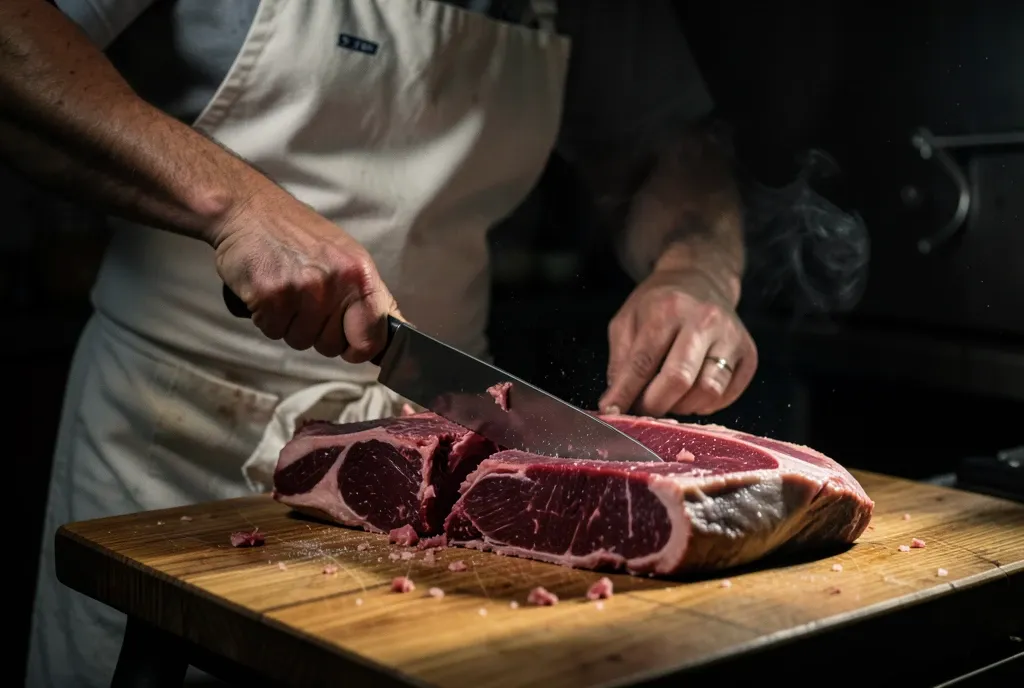A butcher cutting a beef primal on a maple block under hard side light in a dark shop