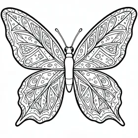 Butterfly mandala adult coloring page with geometric wing patterns and bold black outlines on white