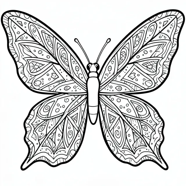 Butterfly mandala adult coloring page with geometric wing patterns and bold black outlines on white