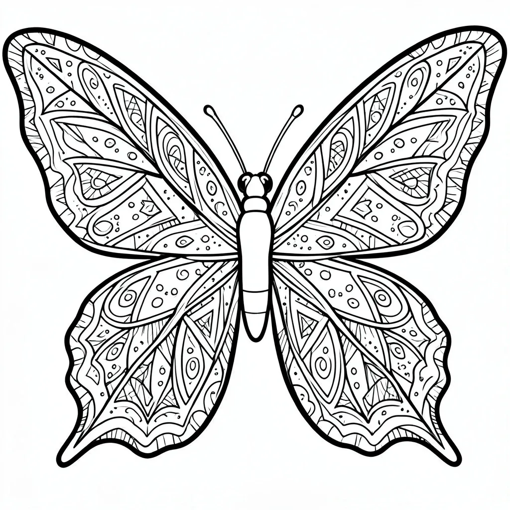 Butterfly mandala adult coloring page with geometric wing patterns and bold black outlines on white