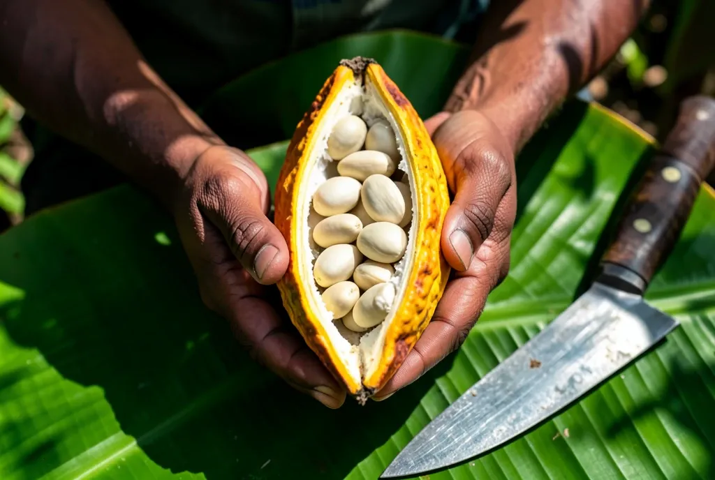 A cacao pod split open to show pale beans in white pulp, held over a banana leaf.