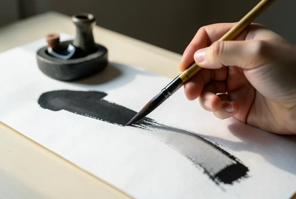 A hand holding a bamboo calligraphy brush mid-stroke on rice paper with a tapering ink line.
