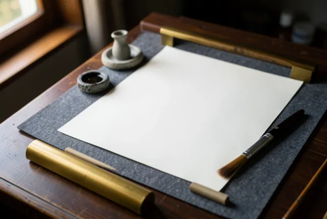 Calligrapher's desk with a wolf-hair brush on a stone rest, inkstone and blank rice paper