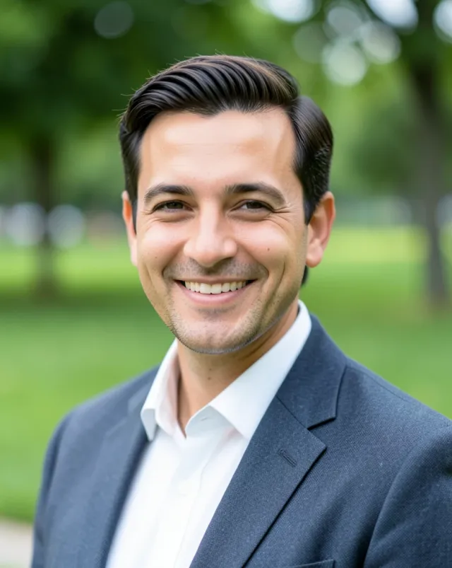 Candid outdoor professional headshot with natural light and blurred greenery