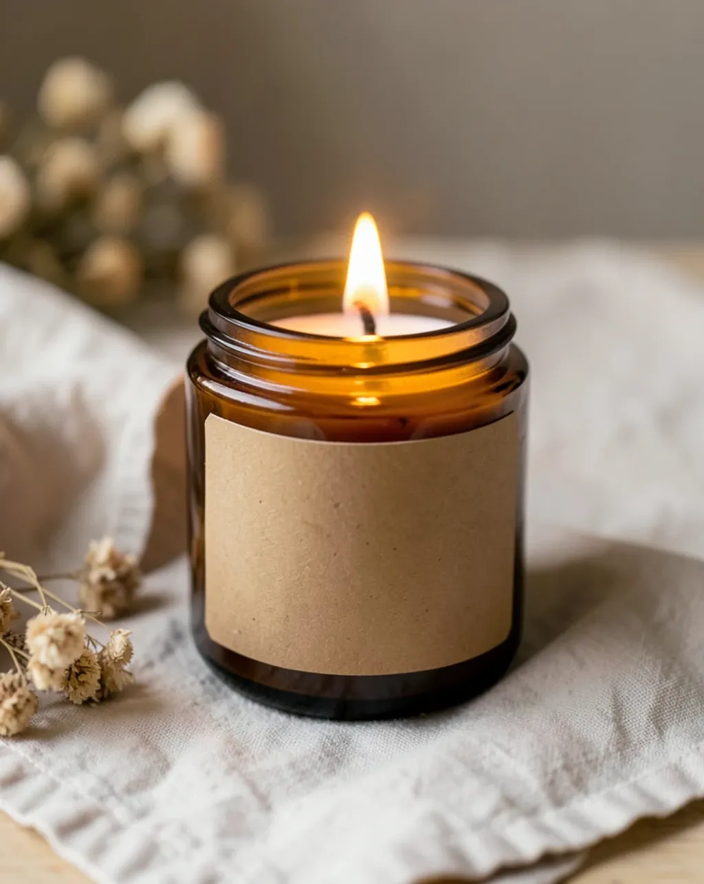 A lit soy candle in an amber jar with a blank kraft label and dried flowers