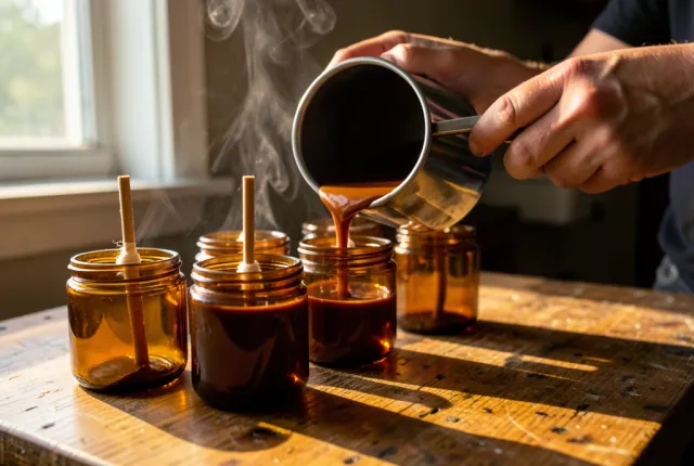 Hands pouring molten soy wax into amber glass jars with centered cotton wicks on a workbench.