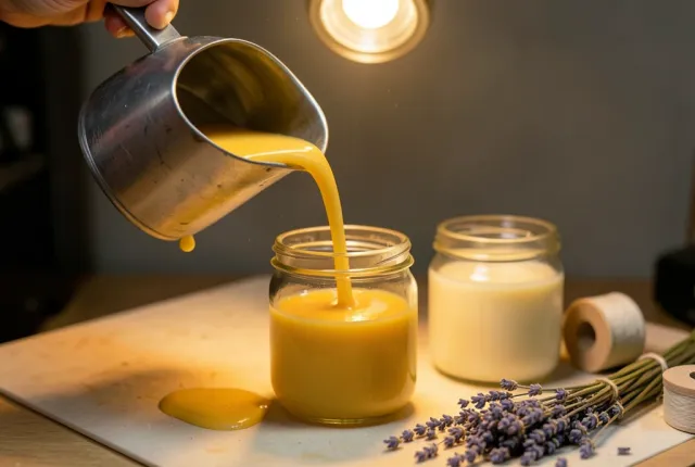 Molten soy wax pouring into a clear jar with a blank wick holder, cooling jars and lavender beside