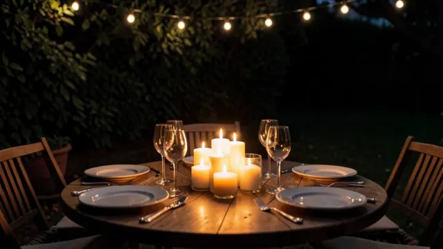 Candlelit outdoor patio table with plates, wine glasses, and string lights in warm evening glow
