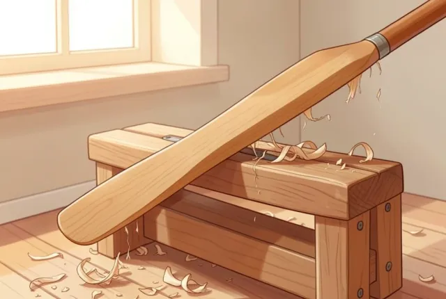 A canoe paddle half-carved on a shaving horse, with drawknife shavings curling away.