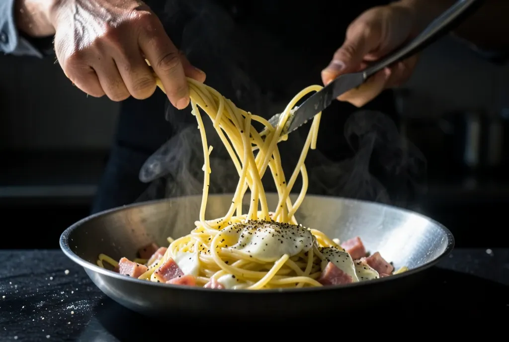 Spaghetti carbonara mid-toss in a steel pan, pasta lifting in a wave with steam.