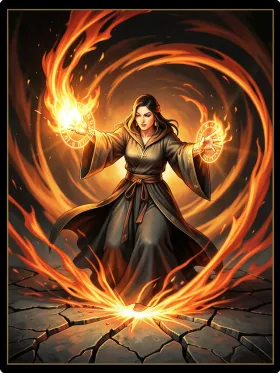 Card game illustration of a robed sorceress casting a fireball with glowing runes in orange charcoal and gold