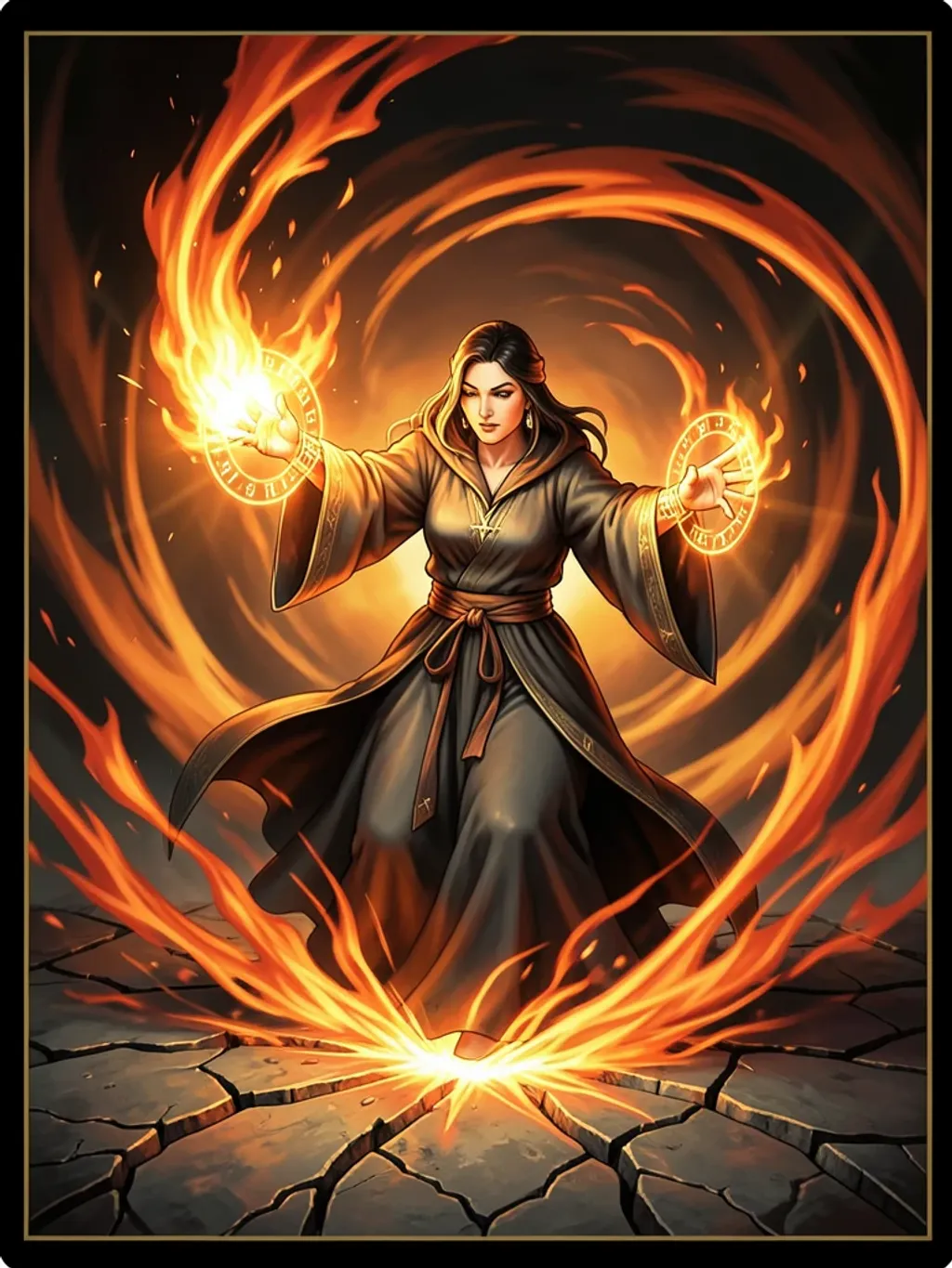 Card game illustration of a robed sorceress casting a fireball with glowing runes in orange charcoal and gold