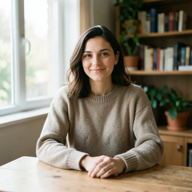 Relaxed creator headshot with natural window light and soft background blur