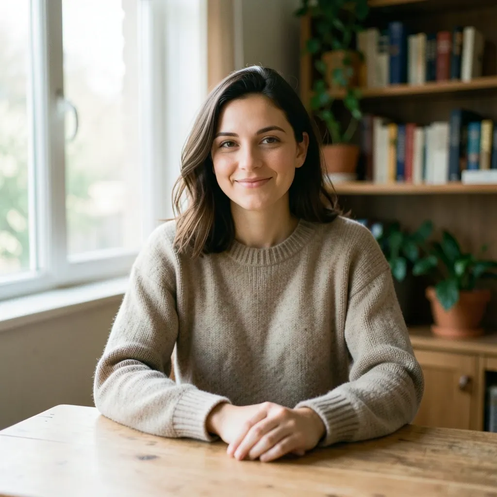 Relaxed creator headshot with natural window light and soft background blur
