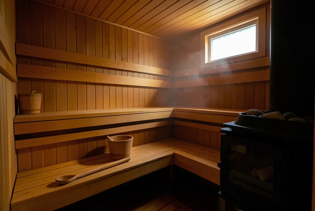 Cedar sauna interior with tiered bench slats, a stove of stacked stones and light steam haze