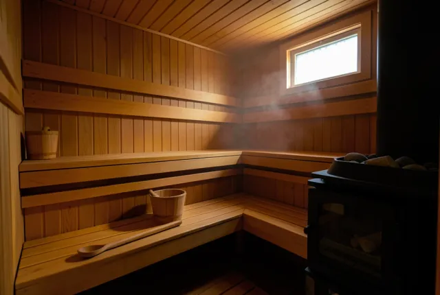 Cedar sauna interior with tiered bench slats, a stove of stacked stones and light steam haze