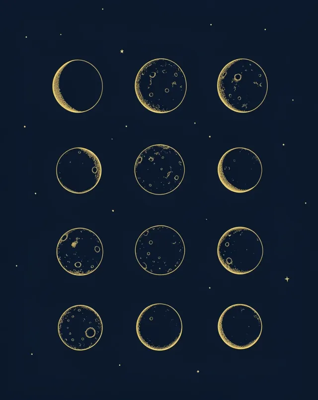 Twelve gold line-art moon phases in a grid on deep navy, minimalist celestial astrology wall print