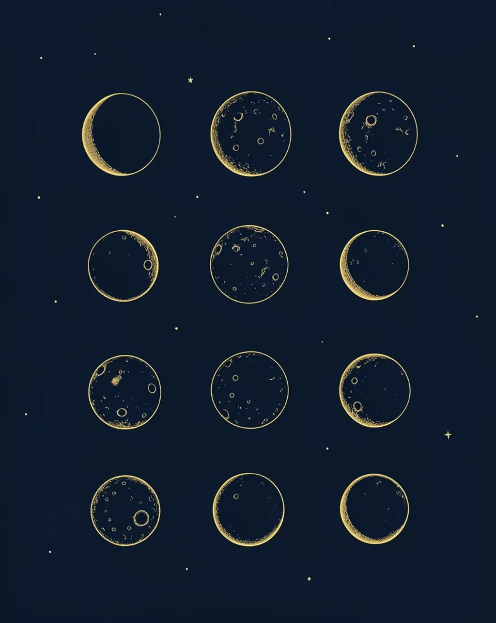 Twelve gold line-art moon phases in a grid on deep navy, minimalist celestial astrology wall print