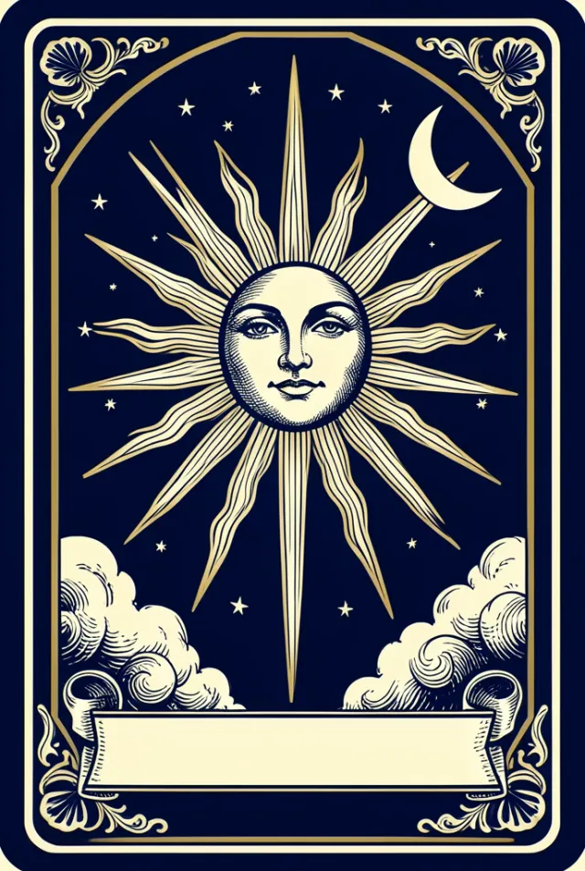 A tarot card of a radiant sun with a serene face in gold on midnight blue