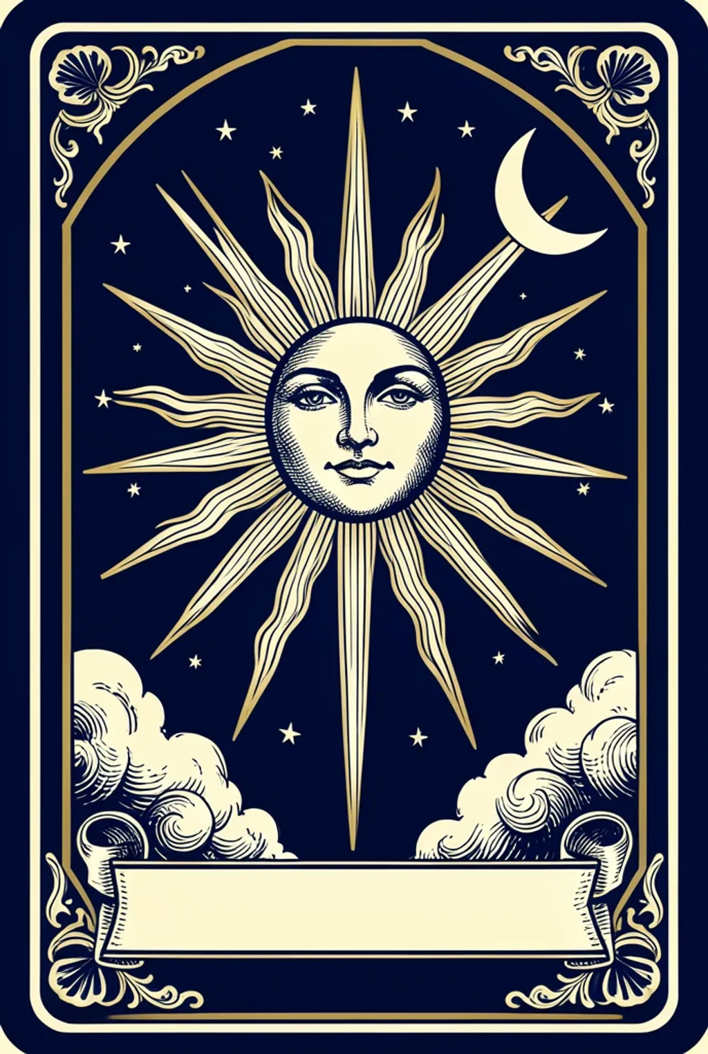 A tarot card of a radiant sun with a serene face in gold on midnight blue