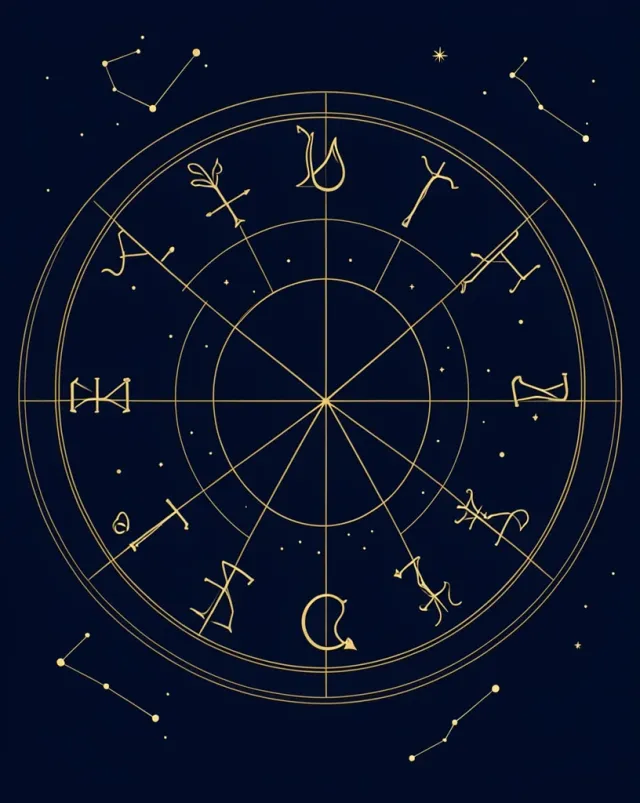 Twelve zodiac symbols in fine gold line art arranged in a circle on midnight navy, astrology wall print