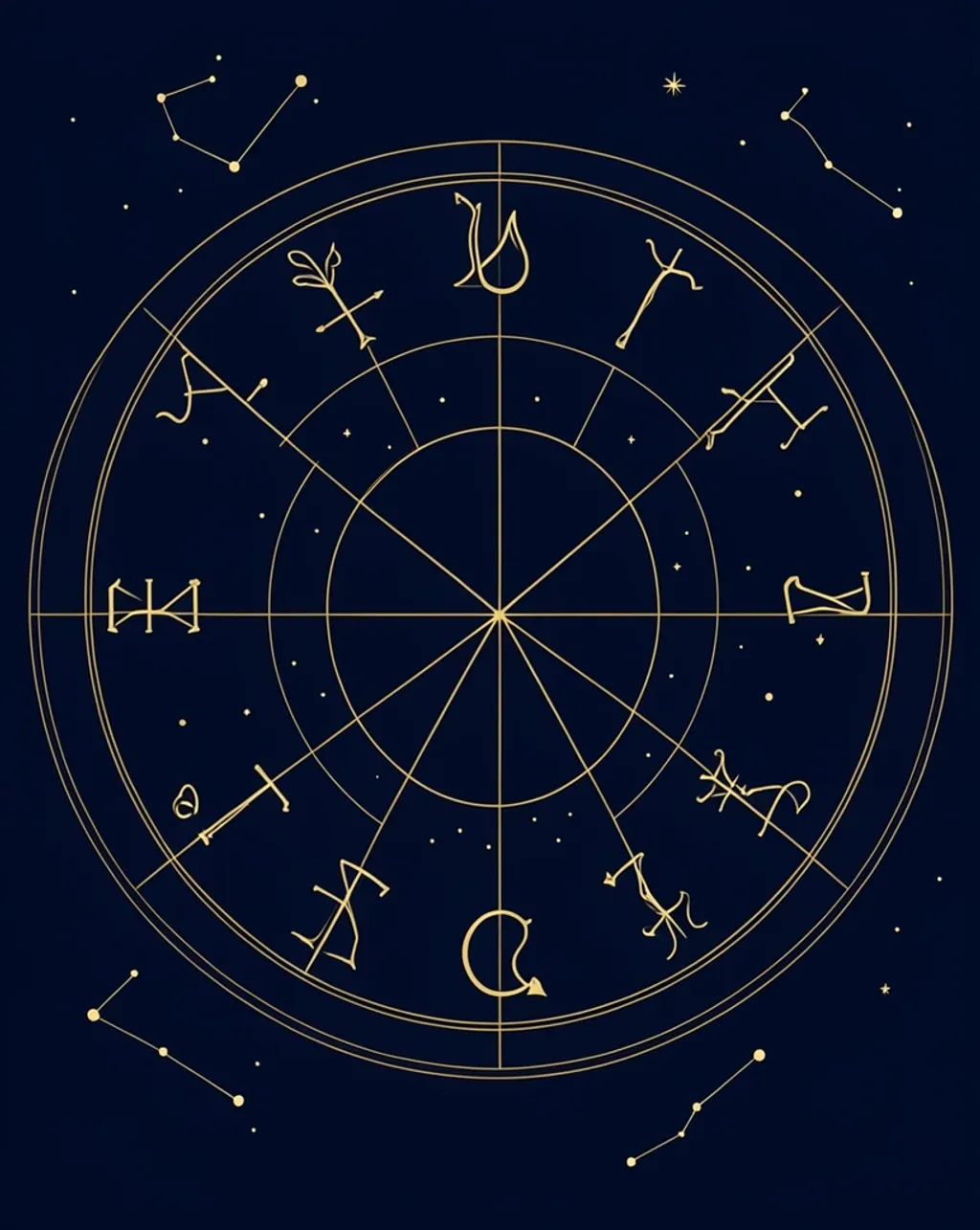 Twelve zodiac symbols in fine gold line art arranged in a circle on midnight navy, astrology wall print