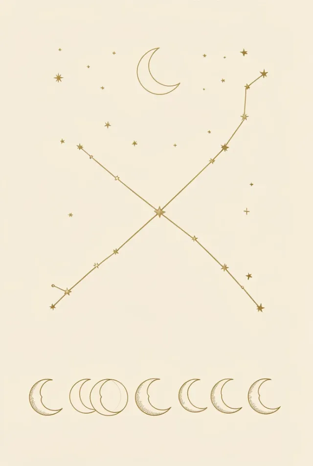 Zodiac constellation wall art with golden Orion star lines, a crescent moon, and a row of moon phases on cream