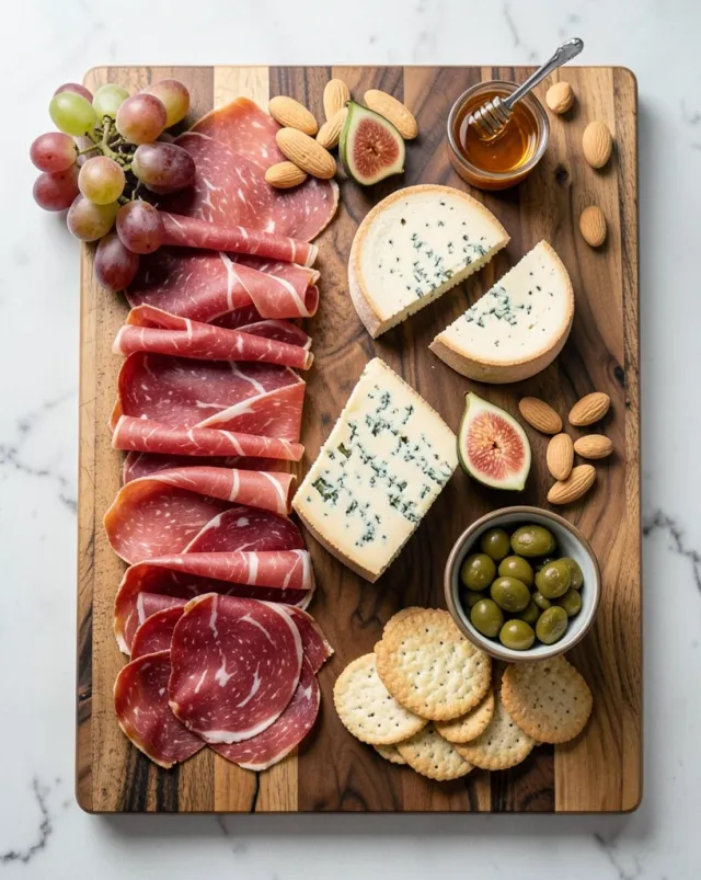 Overhead charcuterie board with folded prosciutto, blue cheese, halved figs, honey and grapes