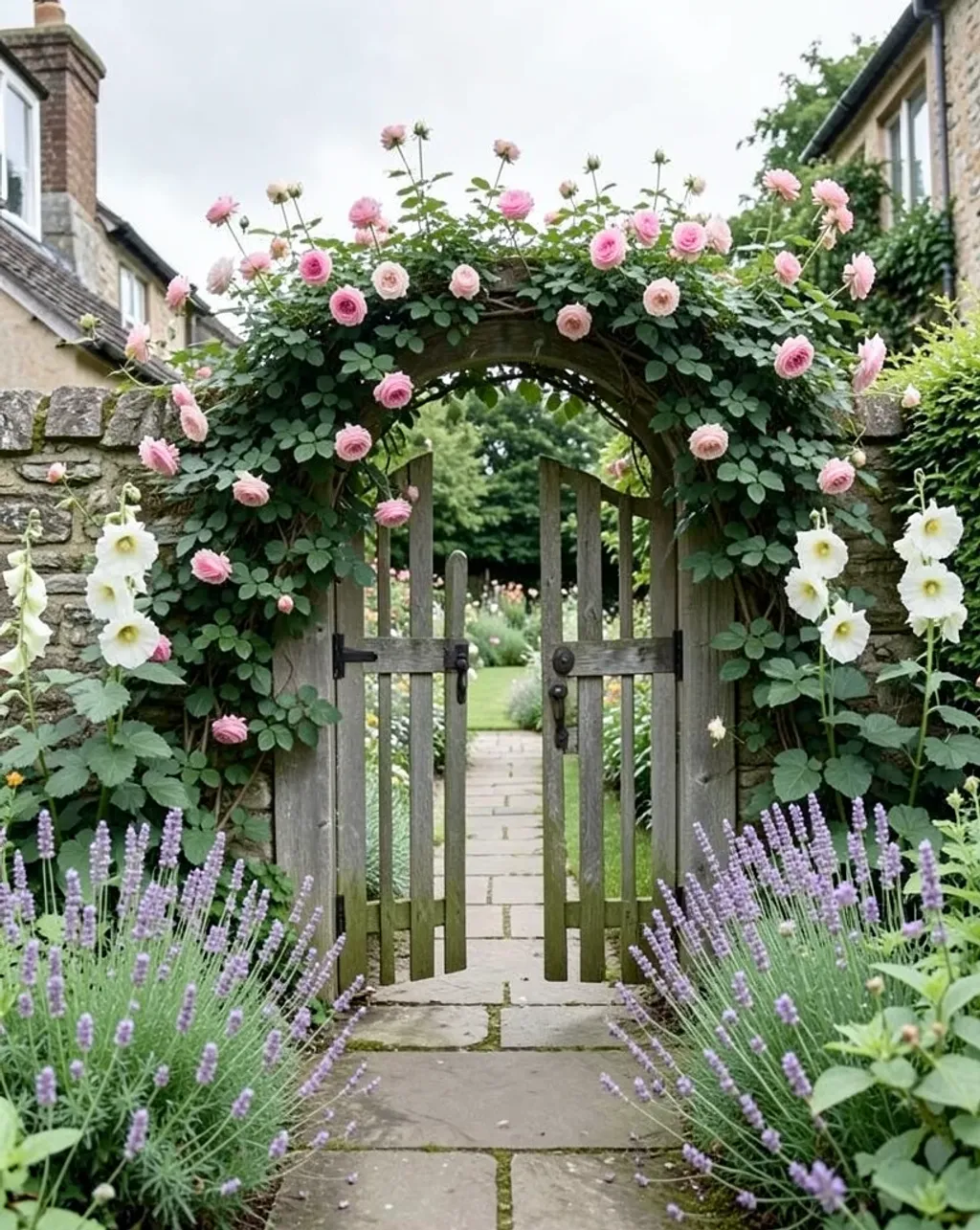 A weathered wooden garden gate covered in climbing roses with hollyhocks and lavender alongside a stone path