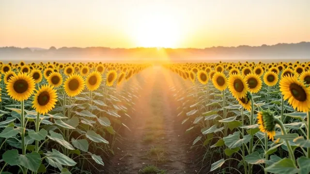 Cheerful sunflower field at sunrise with morning mist, a dirt path, and soft golden light