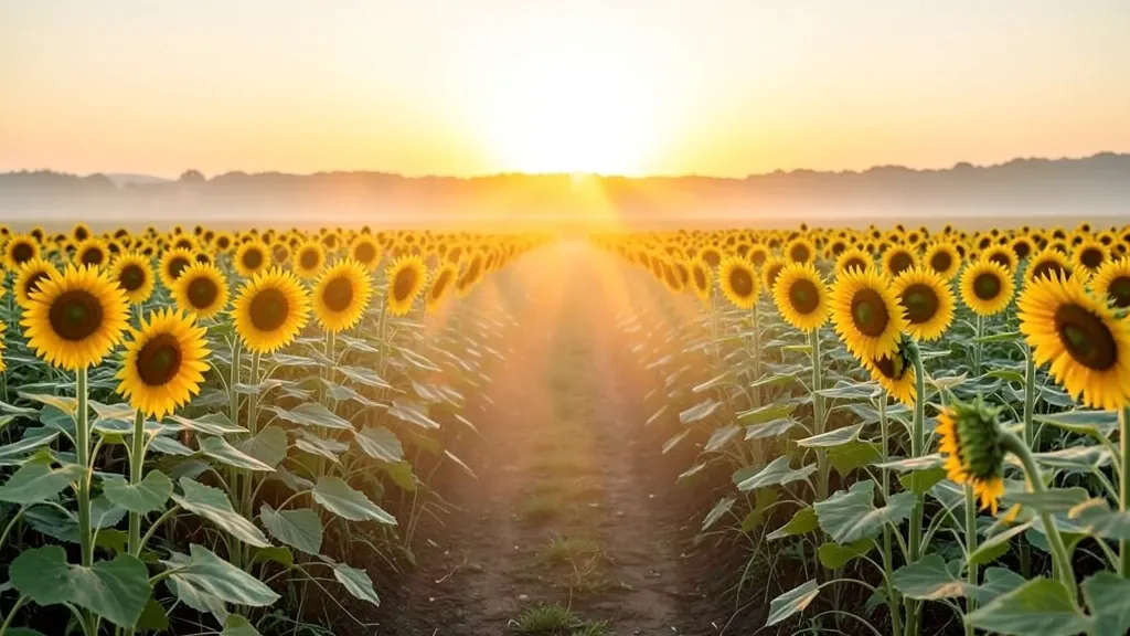 Cheerful sunflower field at sunrise with morning mist, a dirt path, and soft golden light