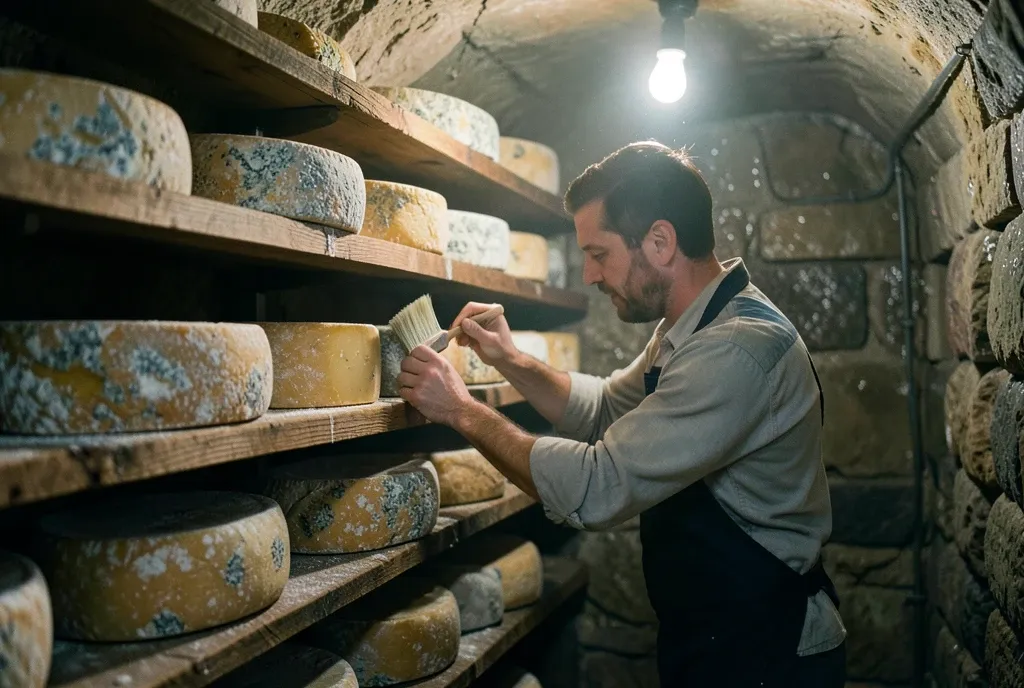 Cheese wheels on wooden shelves in a stone aging cave, an affineur brushing one wheel.
