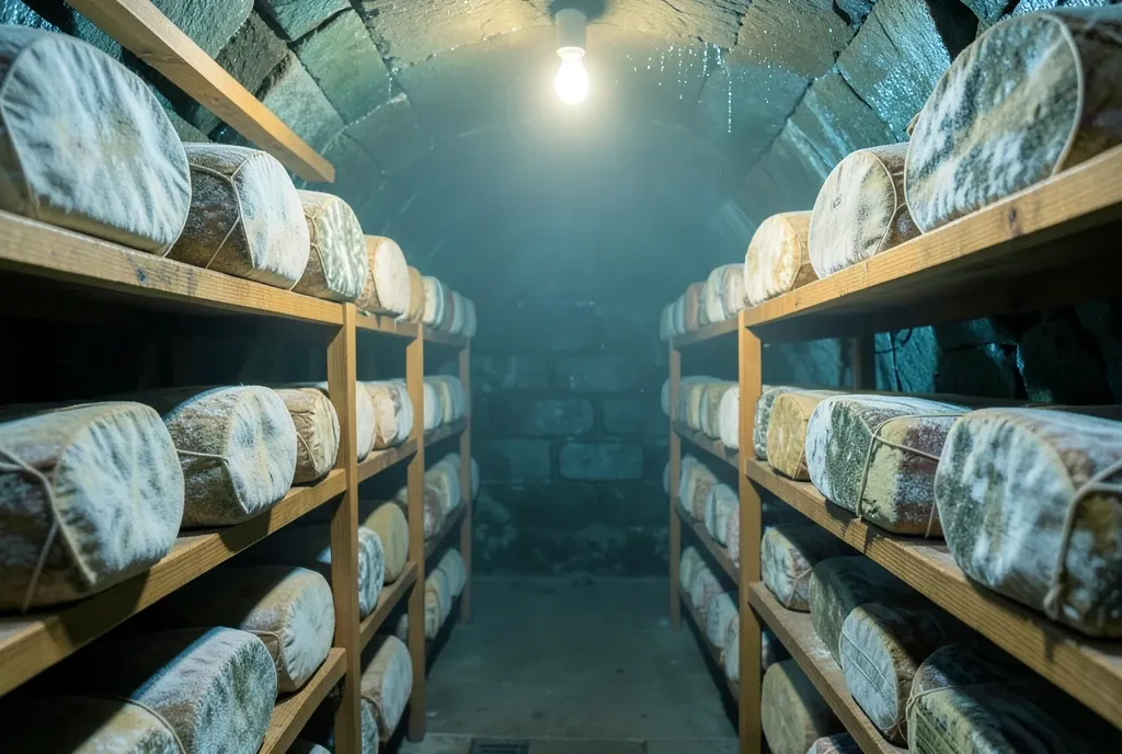 Underground cheese cave with cloth-bound truckles on wooden shelves under a bare bulb