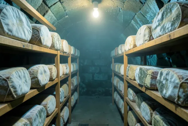 Underground cheese cave with cloth-bound truckles on wooden shelves under a bare bulb