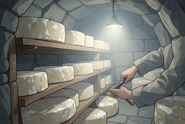 Illustration of cheese wheels aging on shelves in a stone cave, a hand brushing a rind
