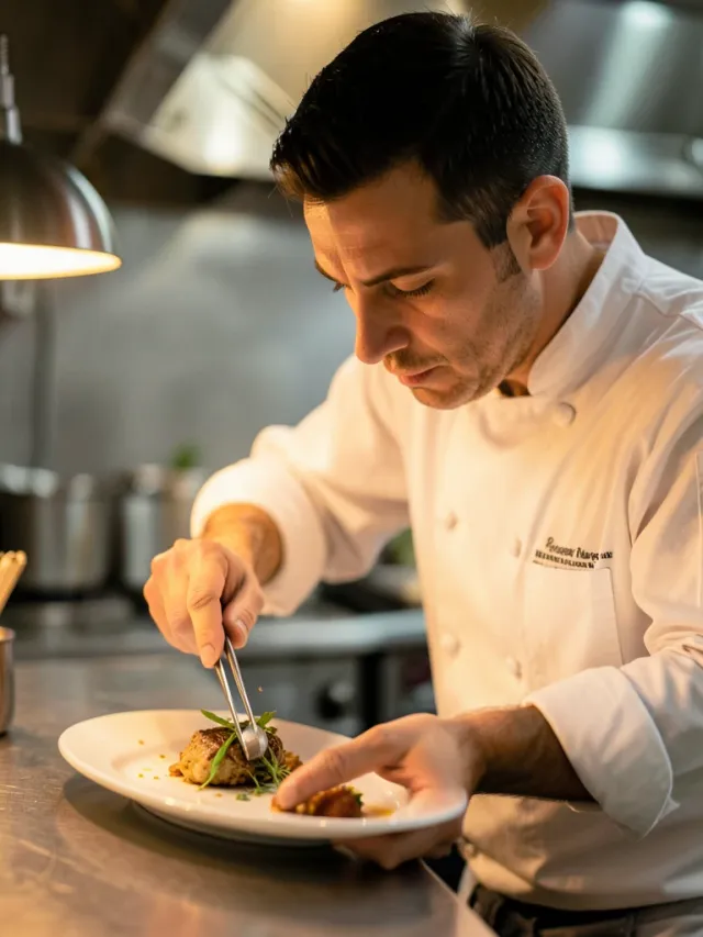 Chef in a white jacket plating a dish with tweezers under warm heat-lamp light on the pass