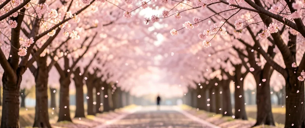 Tunnel of blooming cherry blossom trees lining a walking path with falling pink petals