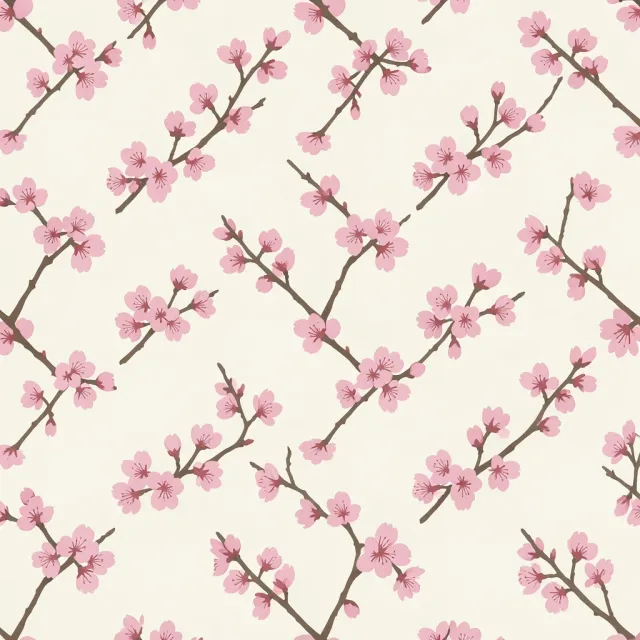 Delicate pink sakura blossoms and branches scattered on a cream background as a seamless repeat pattern