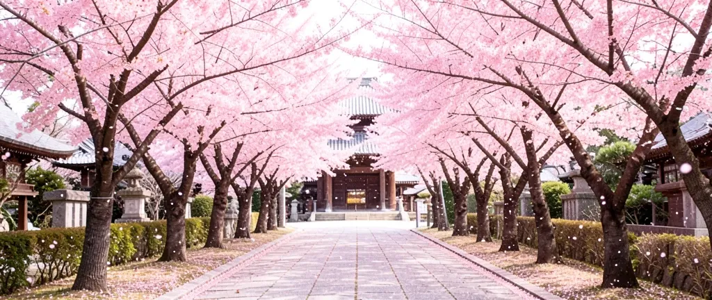 Stone temple path lined with pink cherry blossom trees and a traditional wooden gate in the distance
