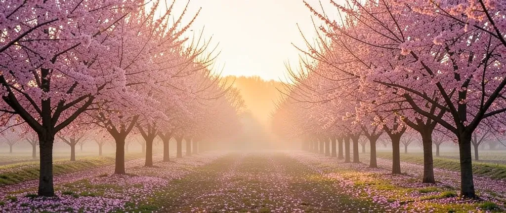 Long rows of cherry trees in pink blossom at sunrise with petals scattered and distant mist