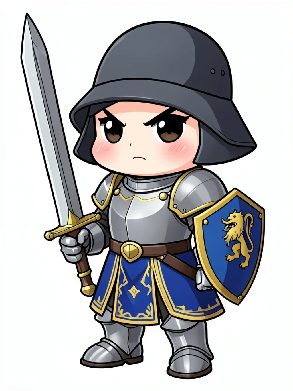 Chibi knight character with oversized head polished armour and oversized sword in steel blue and gold