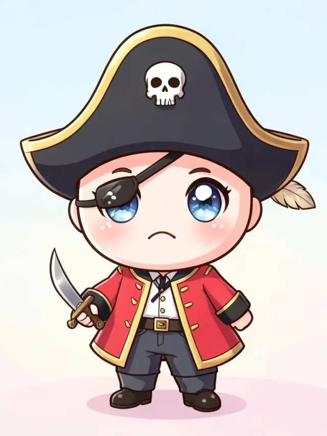 Cute chibi pirate captain with an oversized tricorn hat, eyepatch, and tiny cutlass on a pastel background
