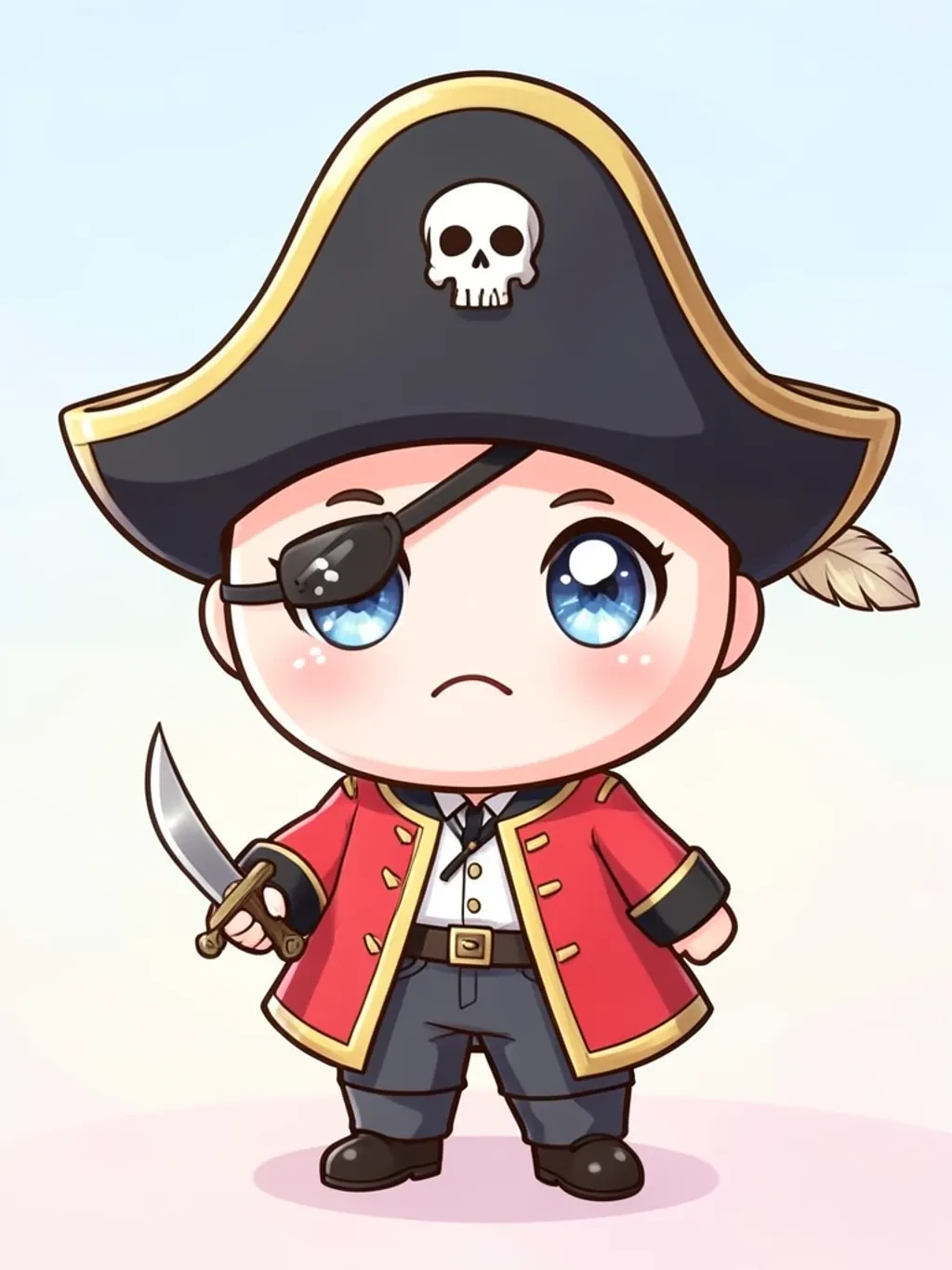 Cute chibi pirate captain with an oversized tricorn hat, eyepatch, and tiny cutlass on a pastel background
