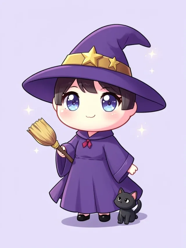 Chibi witch apprentice in a pointed hat holding a tiny broom with a black cat on a lavender background