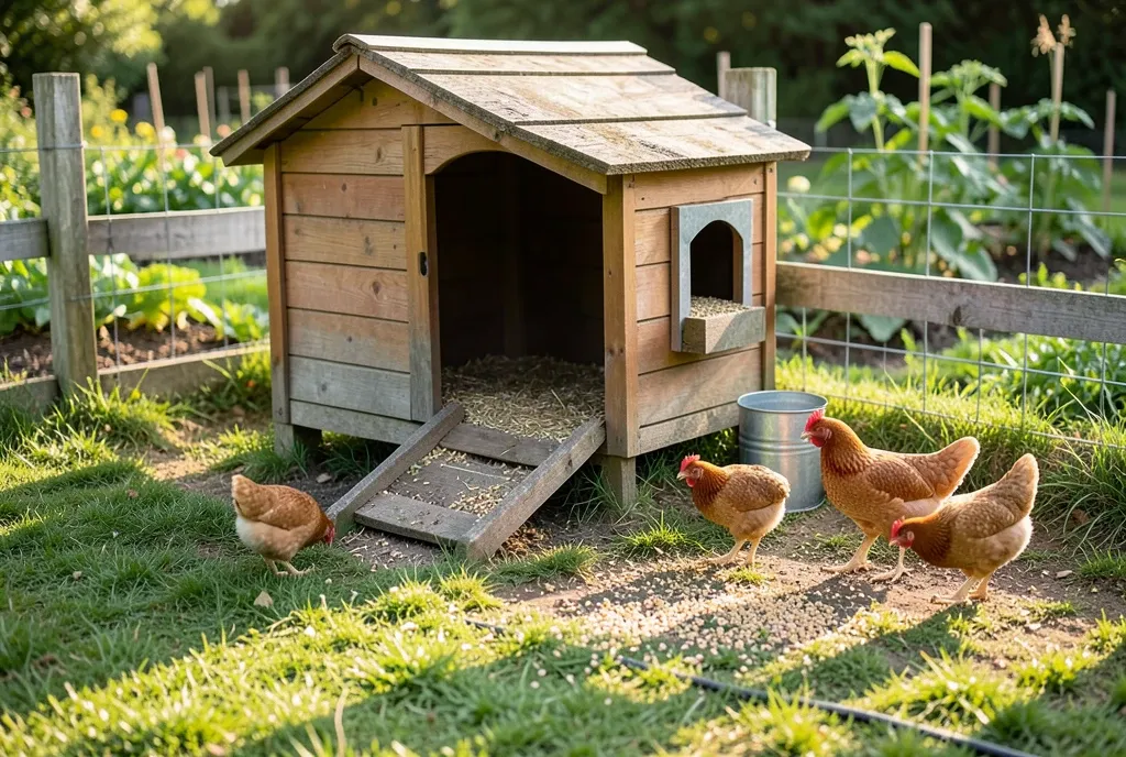 A wooden chicken coop with hens pecking in a fenced run, morning light across the grass.