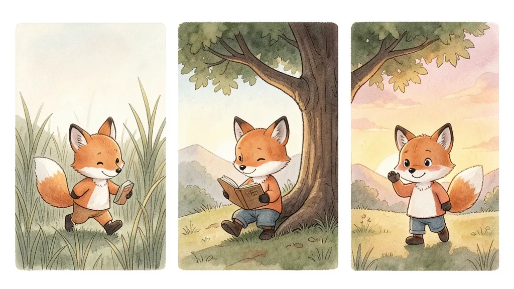 Children's book triptych of a friendly fox in grass, reading, and waving