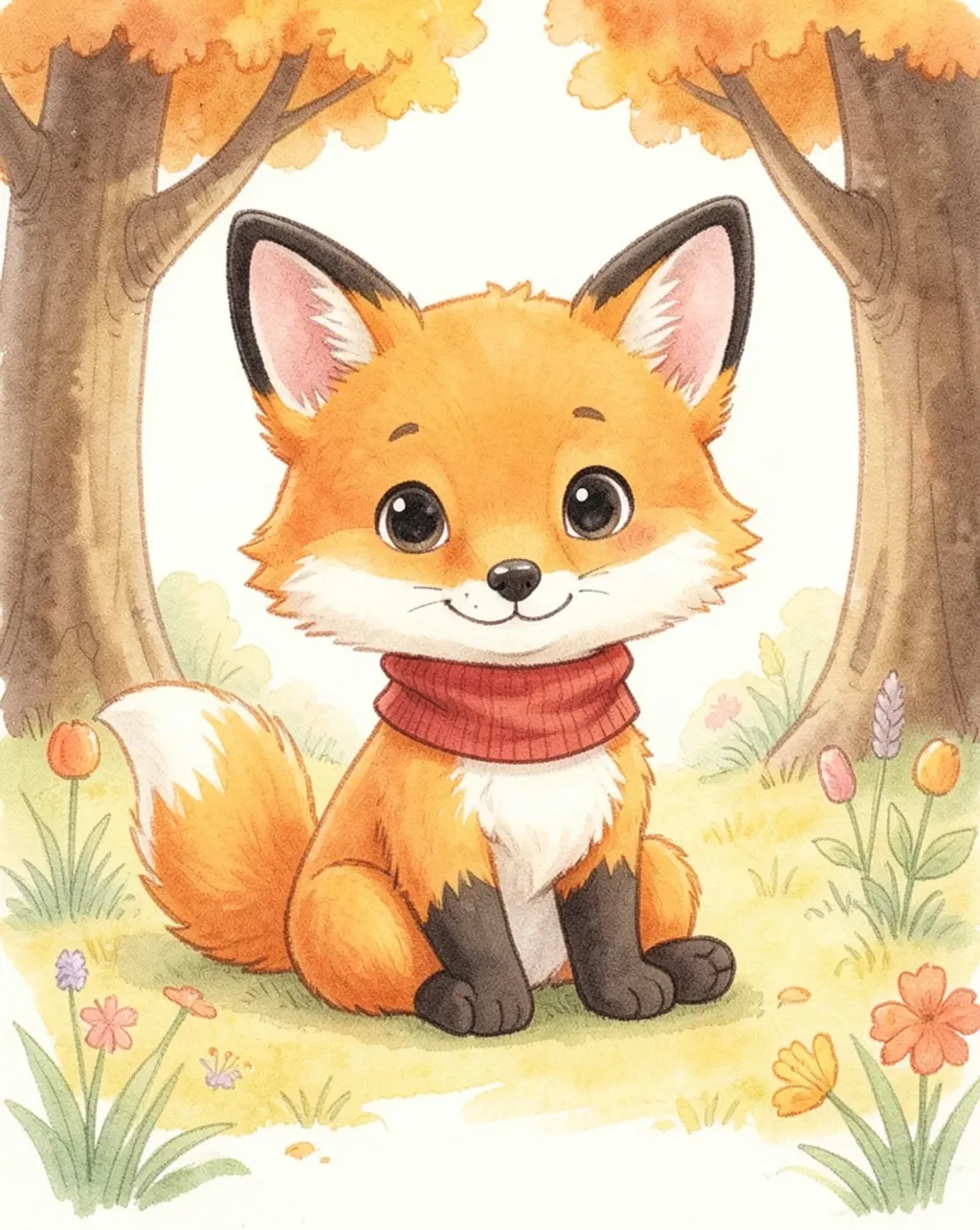 Cute children's book fox character with a scarf in a soft watercolor style